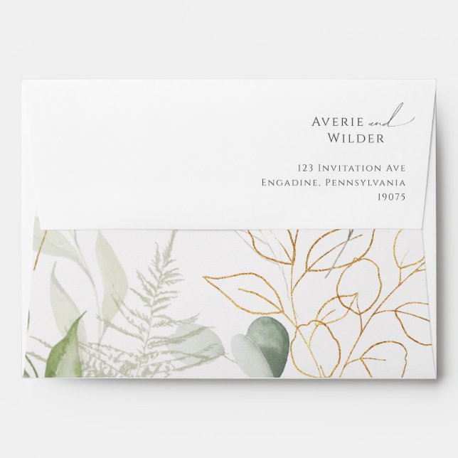 Whimsical Greenery and Gold Wedding Invitation Envelope (Back (Top Flap))