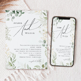 Whimsical Greenery and Gold Wreath Wedding Invitation