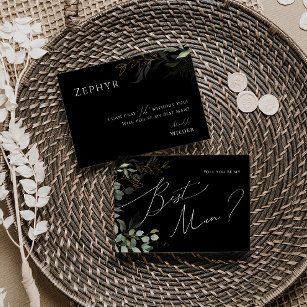 Whimsical Greenery Black and Gold Best Man Card