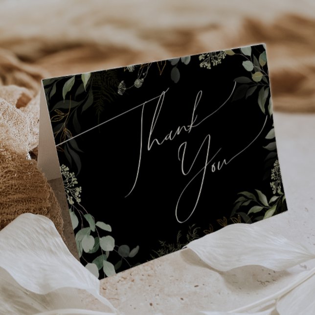 Whimsical Greenery Black and Gold Folded Thank You Card (Creator Uploaded)