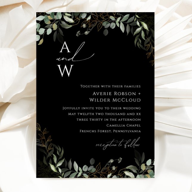 Whimsical Greenery Black and Gold Monogram Wedding Invitation (Creator Uploaded)