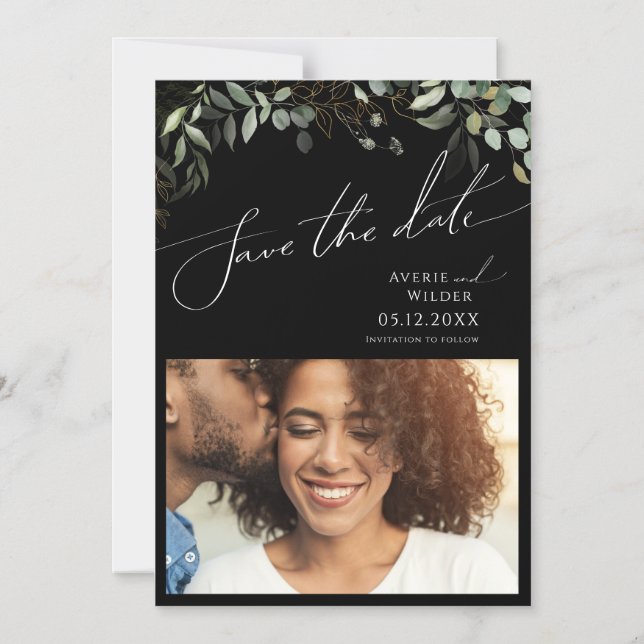 Whimsical Greenery Black and Gold Save The Date Magnetic Invitation (Front)