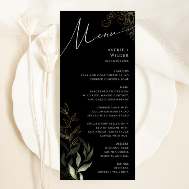 Whimsical Greenery Black and Gold Wedding Dinner Menu (Creator Uploaded)