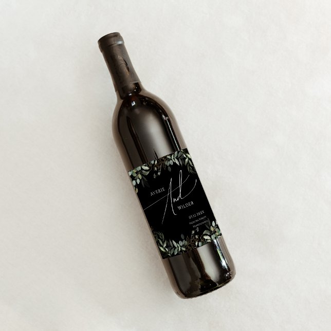 Whimsical Greenery Black and Gold | Wedding Wine Label (Creator Uploaded)