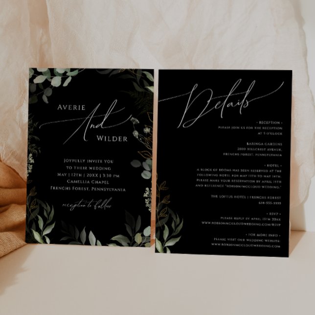 Whimsical Greenery Black Gold All In One Wedding Invitation (Creator Uploaded)