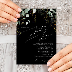 Whimsical Greenery Black Gold Just Love Wedding Invitation