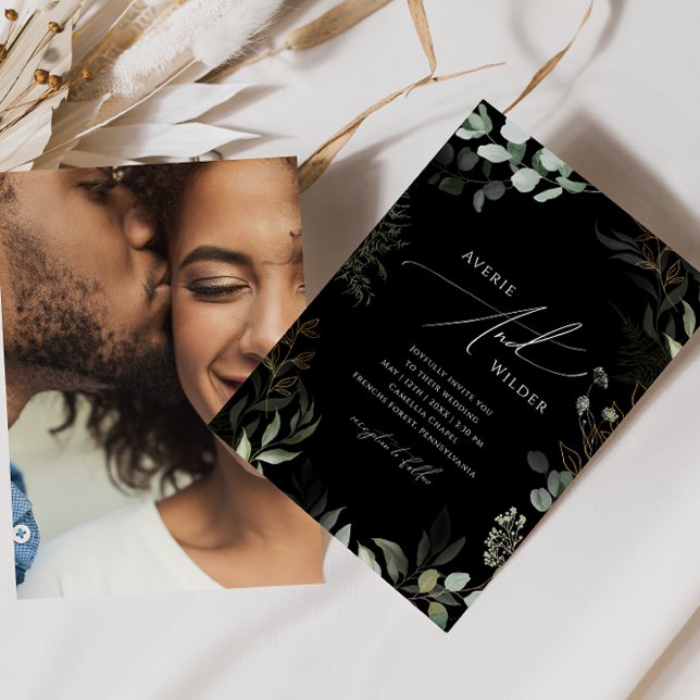 Whimsical Greenery Black Gold Photo Casual Wedding Invitation (Creator Uploaded)
