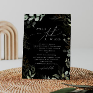 Whimsical Greenery Black Gold Traditional Wedding Invitation