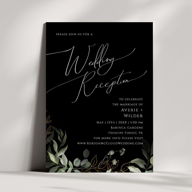 Whimsical Greenery Gold | Black Wedding Reception Invitation (Creator Uploaded)
