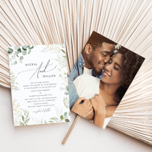 Whimsical Greenery Gold Photo Traditional Wedding Invitation