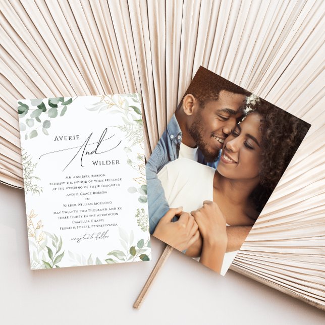 Whimsical Greenery Gold Photo Traditional Wedding Invitation (Creator Uploaded)
