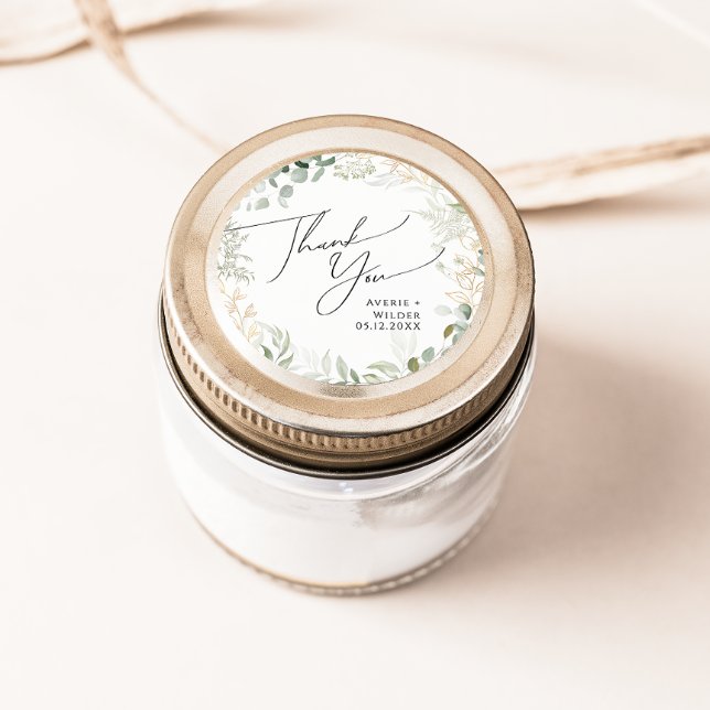Whimsical Greenery Gold Thank You Wedding Favour Classic Round Sticker (Creator Uploaded)