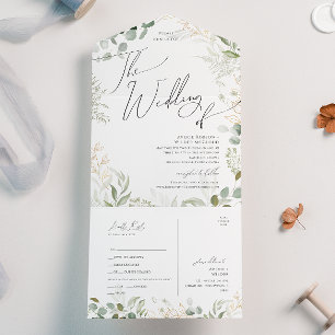 Whimsical Greenery Gold Wedding Of Seal and Send All In One Invitation