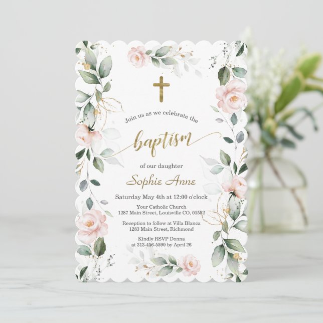 Whimsical Greenery Pink Floral Gold Cross Baptism  Invitation (Standing Front)