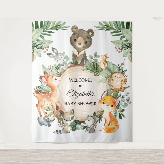 Whimsical Greenery Woodland Baby Animals Welcome Tapestry (Front)