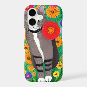 Whimsical Grey and White Cats and Red Flower