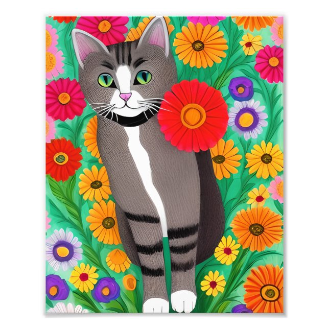 Whimsical Grey and White Cats and Red Flower Photo Print (Front)