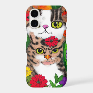 Whimsical Grey and White Cats Colourful Flowers
