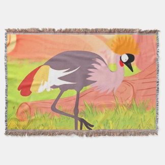 Whimsical Grey Crowned Crane Illustration Throw Blanket