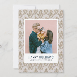Whimsical Grey Gold Pine Tree Pattern Family Photo Holiday Card