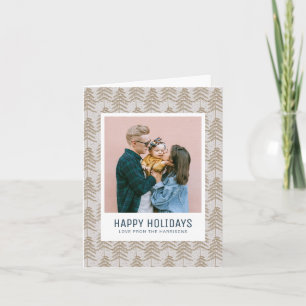 Whimsical Grey Gold Pine Tree Pattern Family Photo Holiday Card
