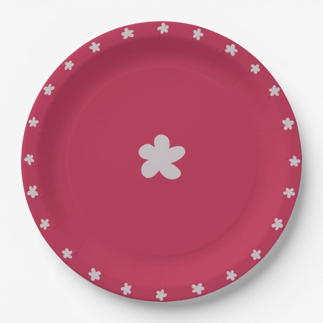 Whimsical Grey-Lilac Doodled Flowers on Dark Red Paper Plate (Front)