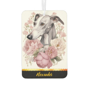 Whimsical greyhound portrait surrounded by flowers car air freshener