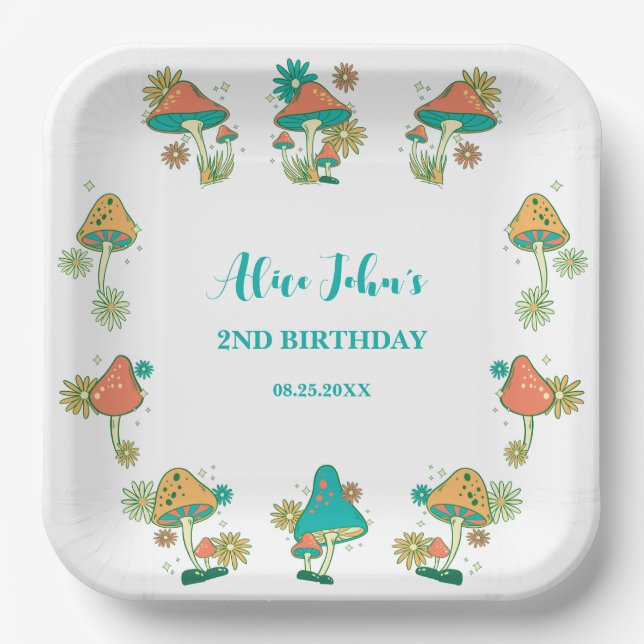 Whimsical Groovy Psychedelic Mushroom Birthday Paper Plate (Front)