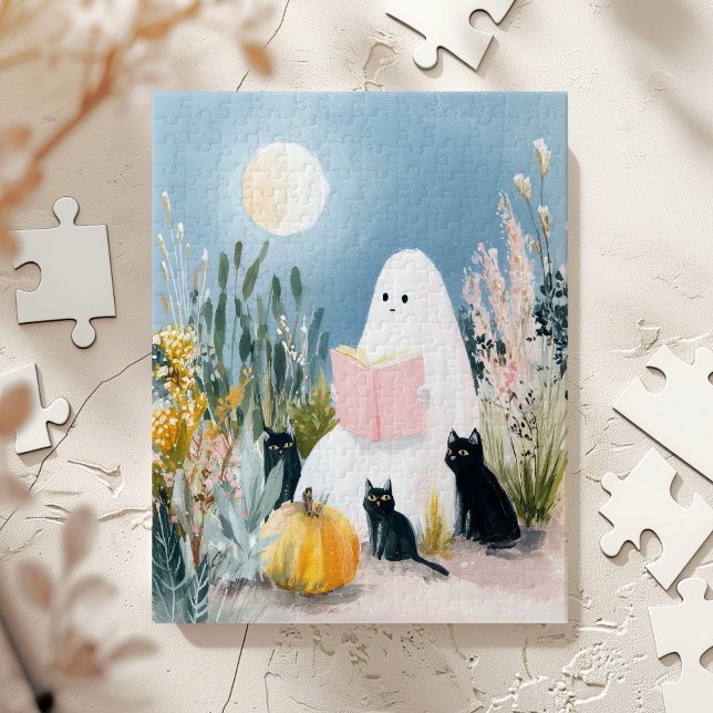Whimsical Halloween Book Lover Ghost Black Cats Jigsaw Puzzle (Creator Uploaded)