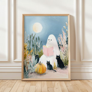 Whimsical Halloween Book Lover Ghost Black Cats Poster