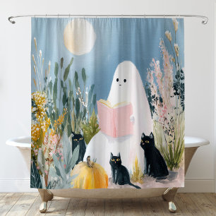 Whimsical Halloween Book Lover Ghost Black Cats Shower Curtain