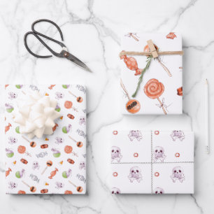 Whimsical Halloween Candy and Skulls Pattern Wrapping Paper Sheet