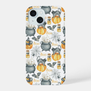 Whimsical Halloween Cauldron and Cats Pattern iPhone 15 Case