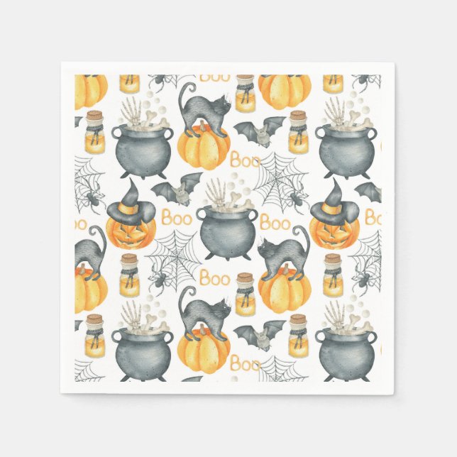 Whimsical Halloween Cauldron and Cats Pattern Napkin (Front)