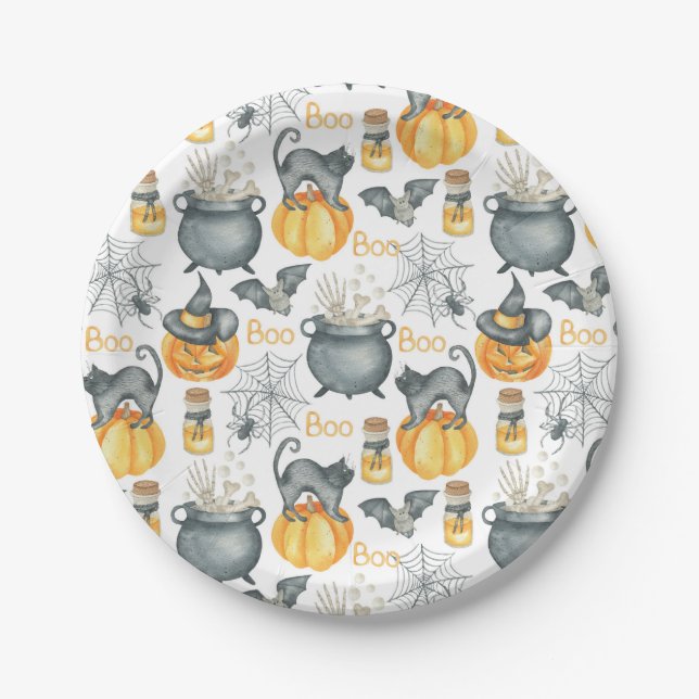 Whimsical Halloween Cauldron and Cats Pattern Paper Plate (Front)