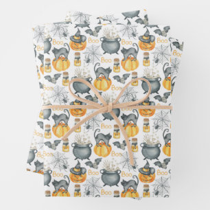 Whimsical Halloween Cauldron and Cats Pattern Wrapping Paper Sheet