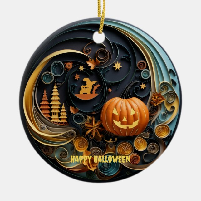 Whimsical Halloween Ceramic Ornament, Paper Quill Tree Decoration (Front)
