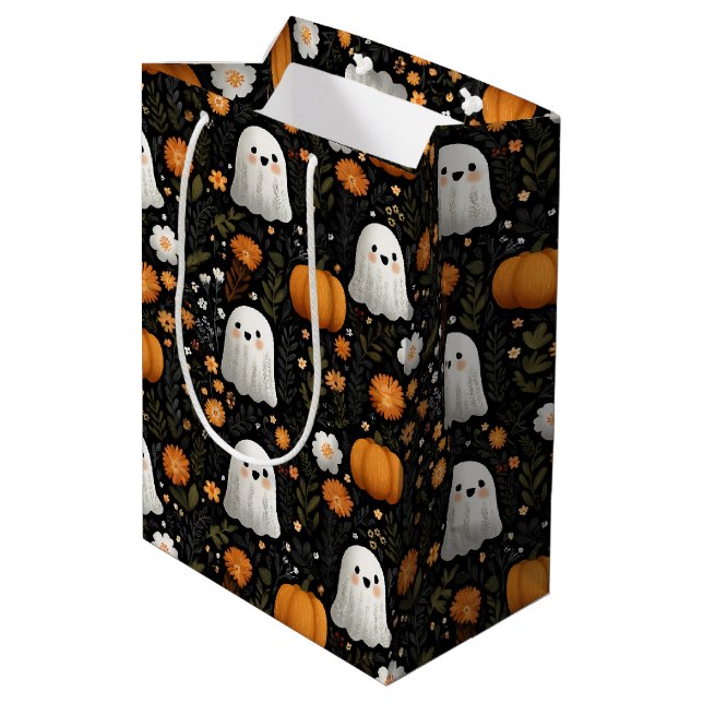 Whimsical Halloween Cute Ghosts & Pumpkins Design Medium Gift Bag (Back Angled)