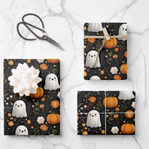 Whimsical Halloween Cute Ghosts & Pumpkins Design Wrapping Paper Sheet