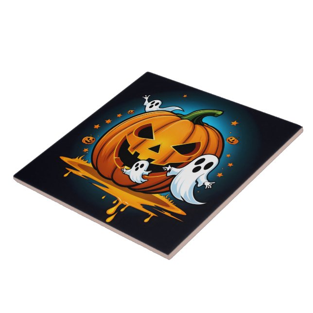 Whimsical Halloween ghosts around a spooky pumpkin Tile (Side)