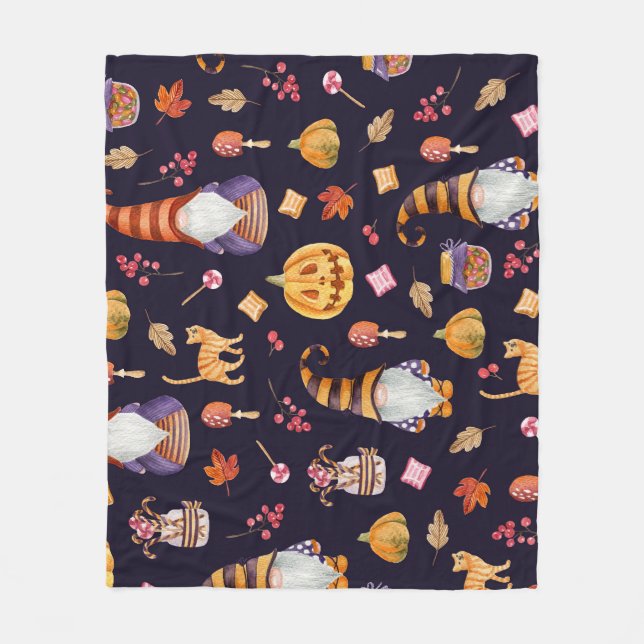Whimsical Halloween: Gnomes & Pumpkins Fleece Blanket (Front)