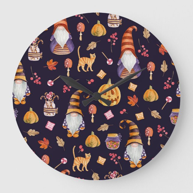Whimsical Halloween: Gnomes & Pumpkins Large Clock (Front)