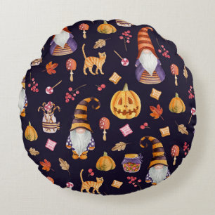 Whimsical Halloween: Gnomes & Pumpkins Round Cushion