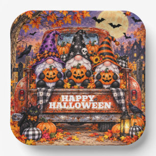 Whimsical Halloween Gnomes Rustic Vintage Truck Paper Plate
