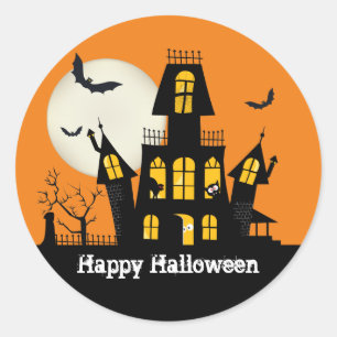 Whimsical Halloween Haunted House Illustration Classic Round Sticker