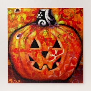 Whimsical Halloween Jack O Lantern Floral Orange Jigsaw Puzzle