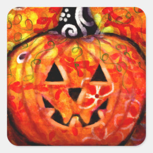 Whimsical Halloween Jack O Lantern Floral Orange Square Sticker