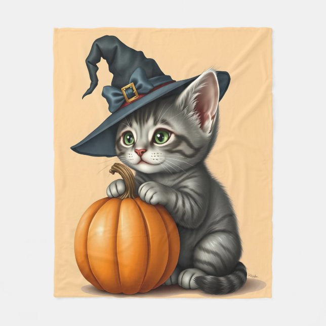 Whimsical Halloween Kitten, Adorable Kitten Witch, Fleece Blanket (Front)