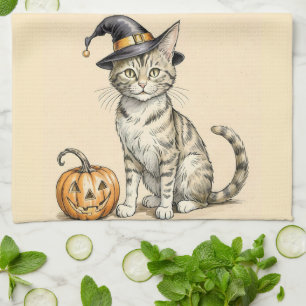 Whimsical Halloween Kitten Kitchen Towel, Fall Cat Tea Towel