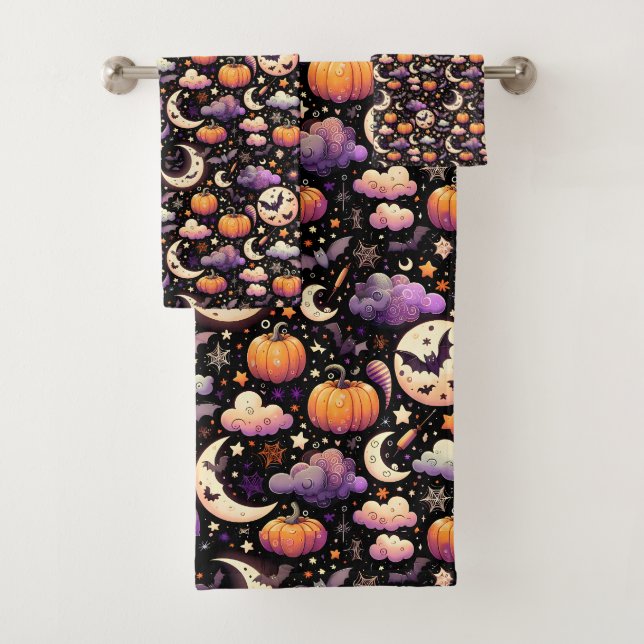 Whimsical Halloween Night Sky Pattern Bath Towel Set (Insitu)